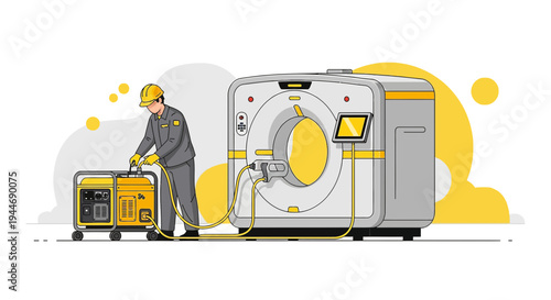 Technician connects generator to CT scanner for power backup, medical technology concept