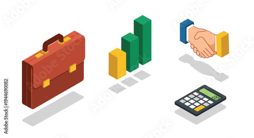 Four isometric business icons, including a briefcase, bar graphs, a handshake, and a calculator, are arranged on a white background.