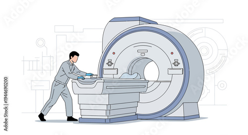 Technician Pushing Patient Bed into MRI Scanner for Medical Imaging Procedure