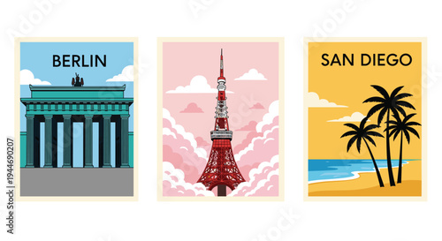 Three distinct, colorful travel posters featuring Berlin, Tokyo, and San Diego landmarks are displayed side-by-side.