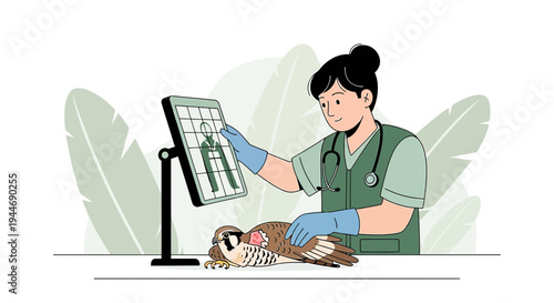 Veterinarian examines bird's X-ray, bird on examination table, medical care concept