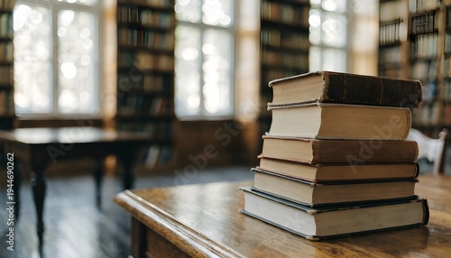 Stack of Old Books on Wooden Table in Library with Blurred Background and Copy Space