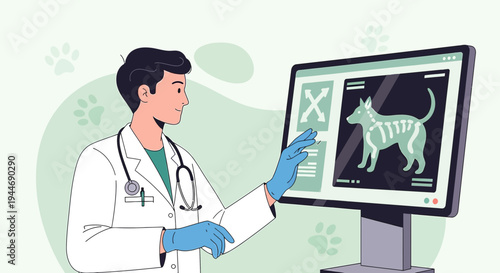 Veterinarian examines dog X-ray on computer screen, medical diagnosis, pet care concept