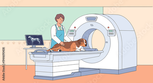 Veterinarian performing CT scan on dog in modern clinic, diagnostic imaging, pet care
