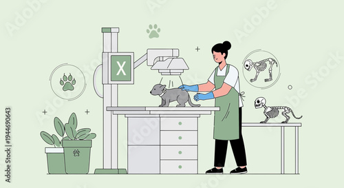 Veterinarian Performing X-ray on Puppy, Veterinary Clinic, Animal Health Care