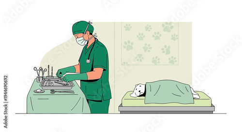 Veterinarian preparing for surgery on a dog in an operating room