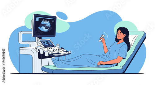 Woman undergoing ultrasound examination, medical technology, modern healthcare clinic