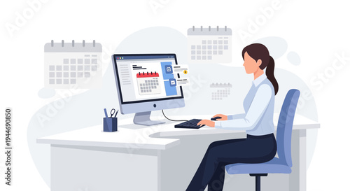 Woman Working on Computer with Calendar Interface, Planning and Scheduling Tasks