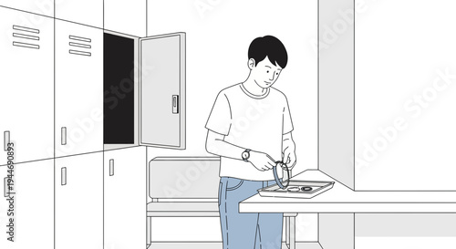 Young Man Organizing Belongings in Locker Room, School or Gym Setting