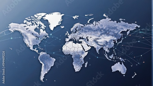World Map with Global Connections and Network Visualization.