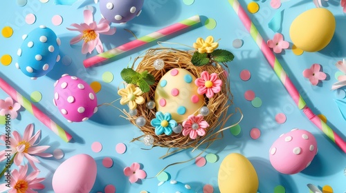 Pastel easter eggs in nest surrounded by flowers on blue surface