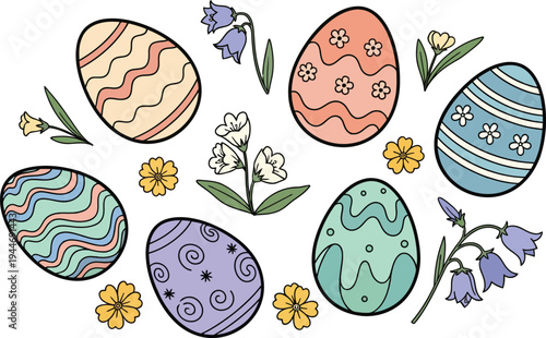 Easter day vector illustration of colorful eggs and flowers for holiday decorations and greeting cards