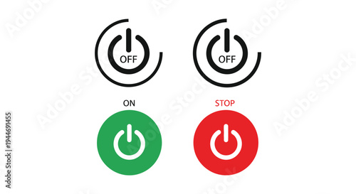 Collection of vector graphic power on-and-off buttons with text labels and colored symbols