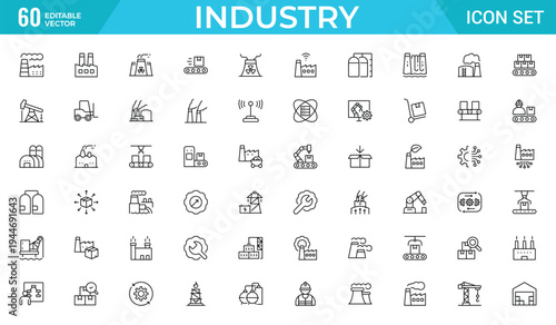 Industry icon set for manufacturing factory and energy production