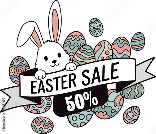 Easter day vector illustration with bunny and eggs for easter sale and holiday celebrations