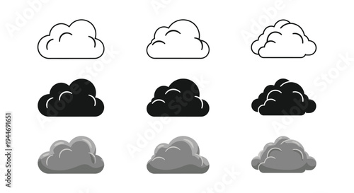 Collection of various stylized cloud icons presented in outline, solid, and gradient vector graphic sets
