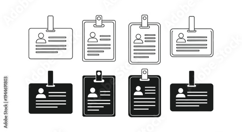 Collection of black and white vector graphic illustrations representing various identity badge and access card designs