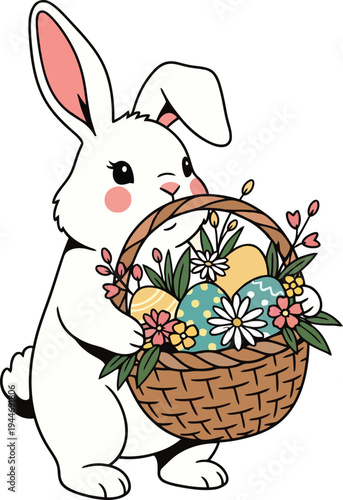Easter day vector illustration of a white bunny holding a colorful egg basket