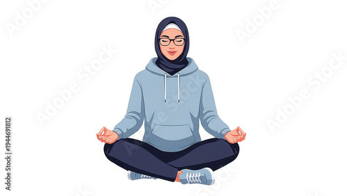 A serene woman in hijab meditating in a lotus position