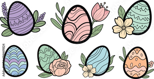 Easter day vector illustration of colorful eggs and floral decorations