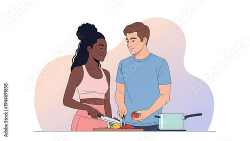 A young couple preparing a healthy meal together in the kitchen