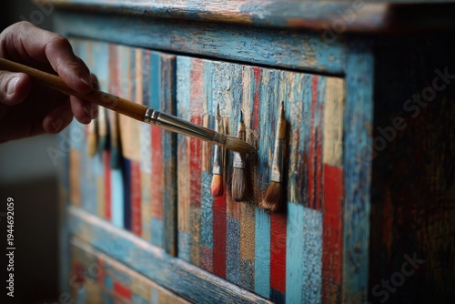 Artist works on colorful wooden surface using paintbrush in a creative studio environment during daytime
