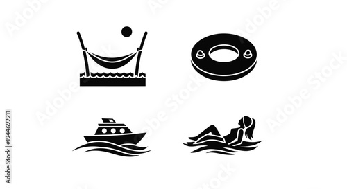 Summer Vacation Black Silhouette Vector Icons for Relaxation and Water Activities 