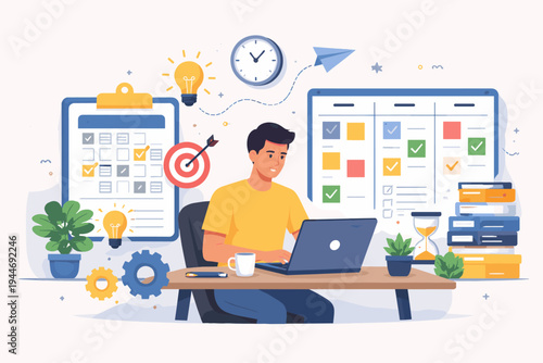 Effective Workflow and Organization for Successful Remote Work and Productivity: Flat Vector Illustration of a Man Planning Tasks with Calendar, Clock, Kanban Board, and Creative Business Ideas