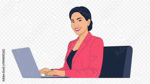 A smiling businesswoman working on her laptop in a modern office setting