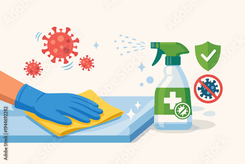 Surface cleaning with antibacterial sanitizing spray and cloth to prevent coronavirus spreading. Hand in glove disinfecting table from bacteria and viruses. Hygiene and health protection illustration.