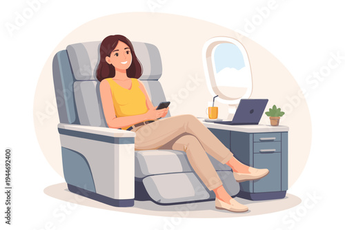 Happy woman passenger sitting in a comfortable reclining chair in business class airplane cabin, holding a smartphone and smiling, with laptop, drink, and window view, flat vector illustration.