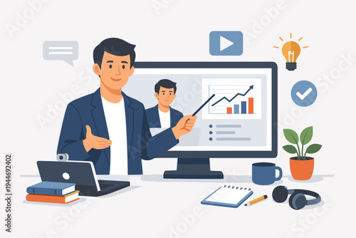 Professional Male Advisor Coaching and Teaching Online Course. Flat Vector Illustration of a Business Consultant Presenting Growth Charts on a Computer Screen for E-learning, Webinar, and Training.