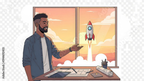 A cartoon man launching a rocket from his office desk