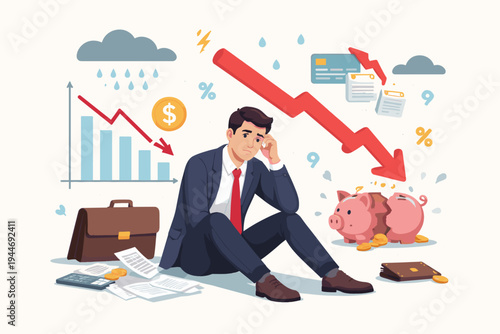 Sad Businessman Sitting on Floor Facing Financial Crisis and Bankruptcy with Broken Piggy Bank, Downward Red Arrow, Debt, and Economic Loss. Flat Vector Illustration of Money Problems and Stress.