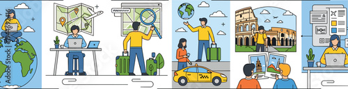 Colorful modern travel planning illustration showing globe, laptop, luggage, sightseeing, online booking, cultural exploration, trip management, tourism concept