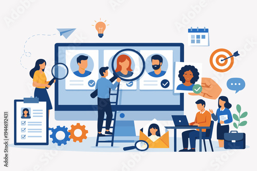 Online recruitment and human resources management concept. Team of HR professionals searching for candidates on a computer screen, analyzing resumes, and selecting the best talent for a job vacancy.