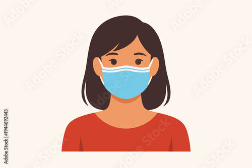 Flat vector illustration of a young woman wearing a blue surgical face mask for protection and health safety, female character avatar portrait isolated on a light background for medical design.