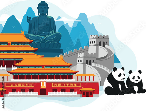 Illustrated collage of iconic Chinese landmarks including Great Wall, Buddha statue, Forbidden City architecture, pandas, cultural heritage, tourism, travel concept