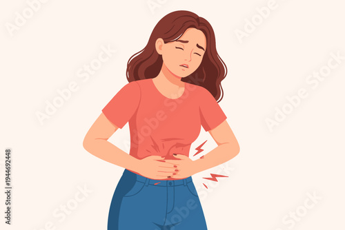 Flat Vector Illustration of a Young Woman Suffering from Severe Stomach Pain, Abdominal Cramps, or Menstrual Discomfort with Red Pain Symbols on a Light Background for Health and Medical Concepts