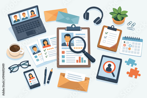 Top view vector illustration of a recruitment agency desk with a laptop, resumes, magnifying glass, and office supplies, representing human resources, hiring, and candidate selection process.
