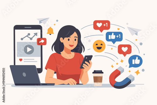 Vector illustration of a woman sharing viral content on social media, attracting likes, hearts, and positive feedback with a magnet, representing digital marketing, engagement, and online growth.