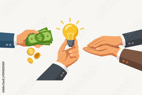 Flat Vector Illustration of Business Hands Exchanging Money, a Glowing Light Bulb for Ideas, and Offering Support. Concept for Crowdfunding, Startup Funding, Investment, and Team Collaboration.
