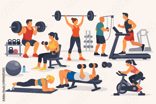Vector Illustration of People Exercising in a Modern Gym with Men and Women Lifting Weights, Doing Squats, Bench Press, Running on Treadmill, Cycling, and Planking for Fitness and Healthy Lifestyle.