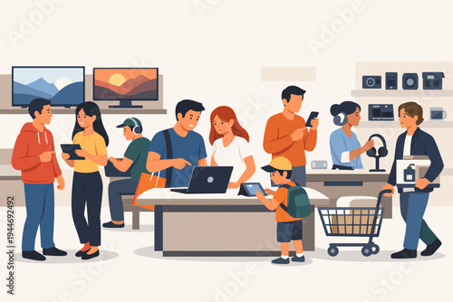 Flat vector illustration of diverse people shopping in a modern electronics store, browsing laptops, tablets, and smartphones. Customers interacting with gadgets in a retail tech shop environment.