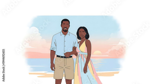 A loving couple stands together on a serene beach at sunset
