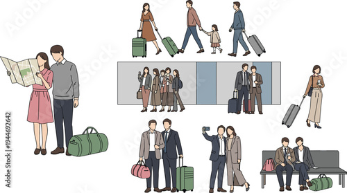 Illustrated groups of diverse travelers with luggage, maps, selfies, family walking, airport waiting, tourism lifestyle, modern journey exploration concept