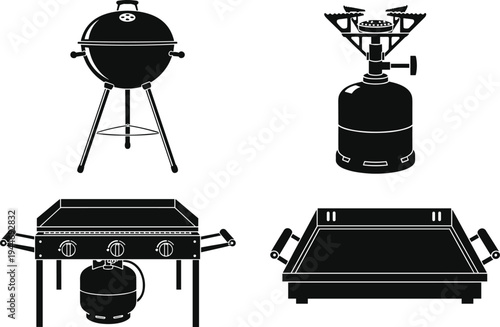 Silhouette icons of outdoor cooking equipment including charcoal kettle grill, gas stove, propane barbecue, and flat‑top griddle for design use