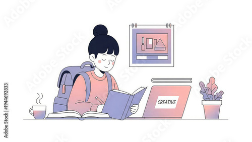 A young woman studying with a laptop and books at a desk