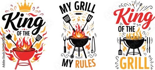 Colorful barbecue grill illustrations with flames, crowns, utensils, and bold text slogans highlighting grilling pride, rules, and festive cooking themes