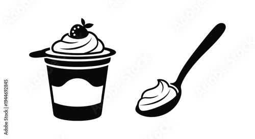 Black and white dessert illustration featuring yogurt and a spoon silhouette